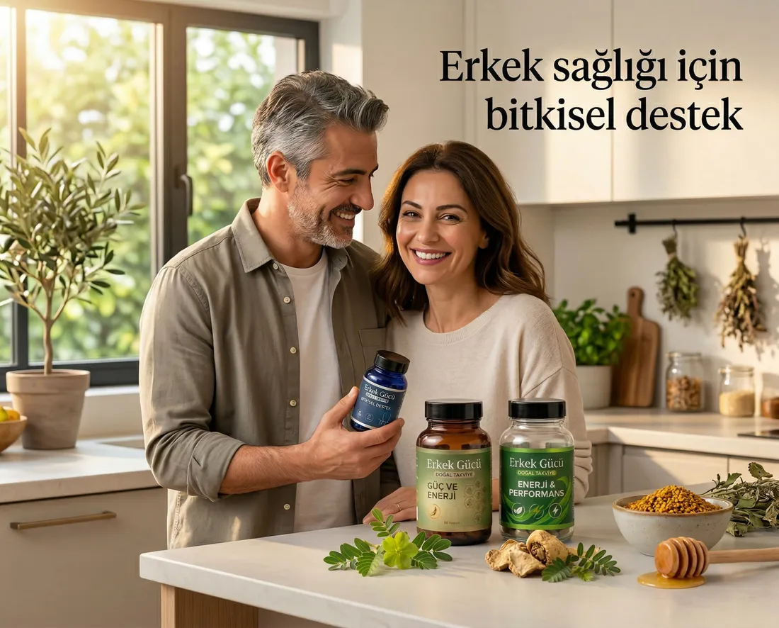 Mutfakta erkek sağlığı takviyesiyle gülümseyen çift