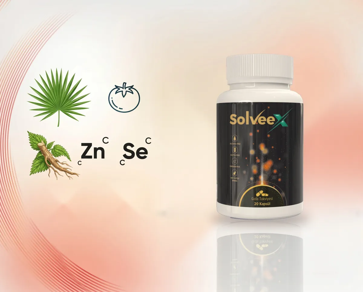 Solveex şişesi ve prostat formülünün bileşenleri — cüce palmiye, ısırgan kökü, çinko, selenyum, domates